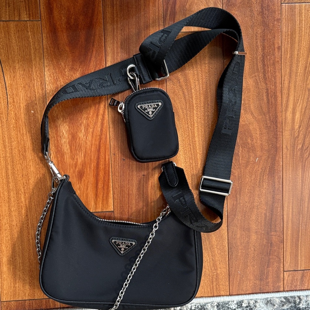 Black Nylon Crossbody Bag with Mini Pouch. Inspired